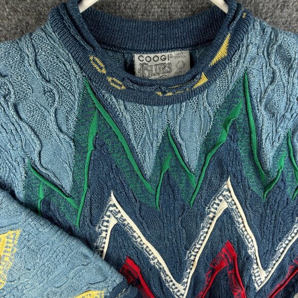 COOGI Blues Australia Sweater Heavyweight Blue Green Geometric Large Cotton REAL - Picture 2 of 16